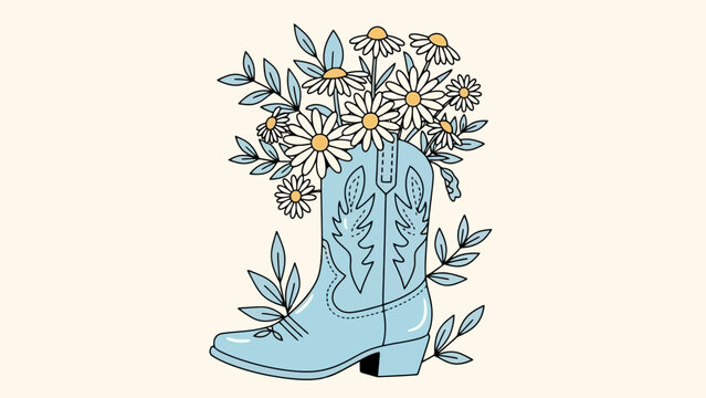 A light blue cowboy boot filled with daisies and leaves, set against a cream background.