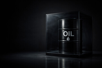 Black Oil Barrel Protected in a Glass Display Case &ndash; Concept for High Oil Prices, Energy Value, and Scarcity of Fossil Fuels