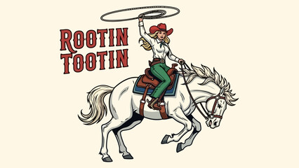 Fototapeta premium A cartoon illustration depicts a blonde cowgirl in a red hat and green pants, skillfully twirling a lasso while riding a white horse.