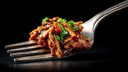 A close-up photo presents a delicious forkful of tender meat, beautifully garnished with fresh herbs, showcasing culinary artistry and appetite appeal in gourmet dining.
