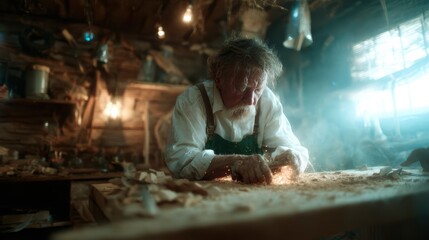 An elderly craftsman meticulously working with wood in a warm, rustic workshop, capturing both the artistry of his craft and the essence of traditional carpentry.