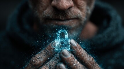 Mysterious man holds glowing digital padlock symbol, symbolizing data protection, cybersecurity, and digital privacy in a dark, atmospheric setting.