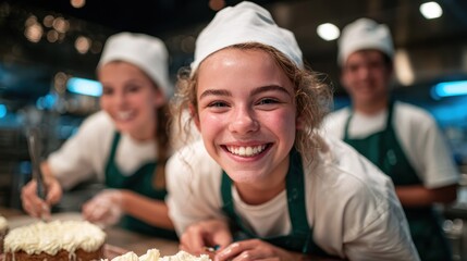 Three young bakers share joyful smiles while decorating delicious cakes in a bustling pastry kitchen, showcasing culinary skills and teamwork in a delightful atmosphere.
