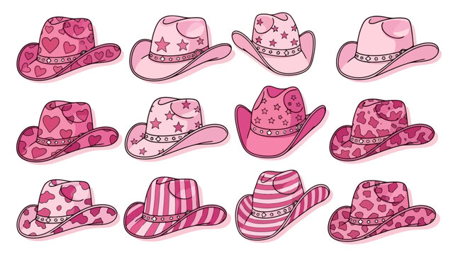 A collection of twelve pink cowboy hats with various heart and star patterns, presented in a grid.