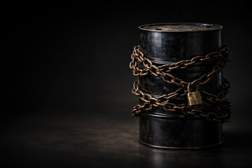Black Oil Drum Wrapped in Heavy Chains with Padlock &ndash; Concept for Oil Sanctions, Energy Crisis, and Fossil Fuel Restrictions