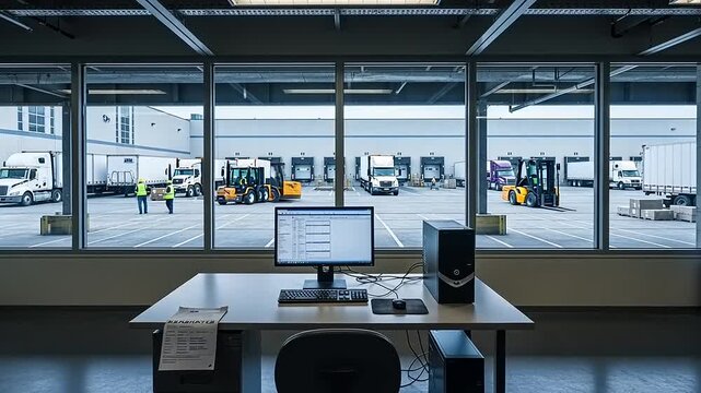 Empty office desk with computer overlooking a busy industrial loading dock with trucks and forklifts.