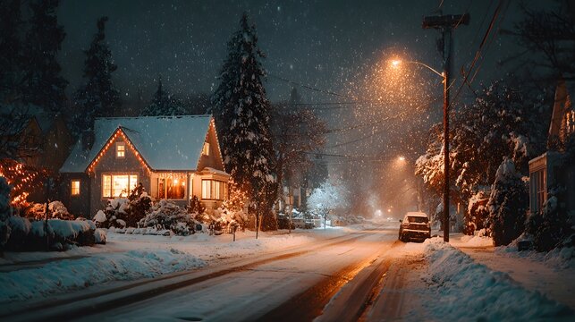 Picturesque suburban street at night during a heavy snowfall with glowing streetlights illuminating the falling snow and cozy houses.