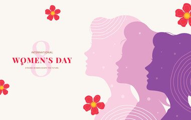 Layered vector illustration of three women's profiles in shades of pink and purple with red flowers for International Women's Day on a beige background.