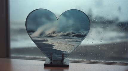 A heart-shaped mirror reflects turbulent ocean waves crashing with scattered droplets,