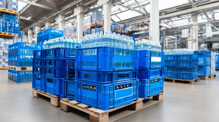 Industrial warehouse with stacked blue bottled water crates, natural light streaming through large windows, mass production and distribution emphasis, healthy hydration products, d