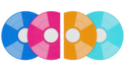 Colorful Vinyl Records Arranged Horizontally on Black Background