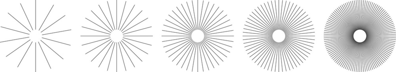 Radial circle lines PNG. Radial circle lines forming a sunburst effect, isolated. Symbol of Sun star rays, design elements.