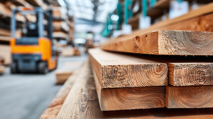 Engineered wood panels with rich wood grain patterns, neatly stacked in factory warehouse, forklifts and shelves visible in background defocused, with copy space