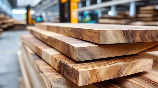 Engineered wood panels with rich wood grain patterns, neatly stacked in factory warehouse, forklifts and shelves visible in background defocused, with copy space - Powered by Adobe