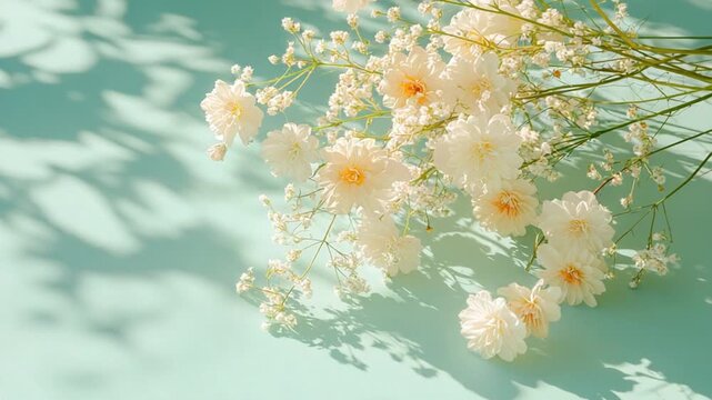 Delicate White Flowers in Gentle Light with Soft Shadows on a Pastel Background