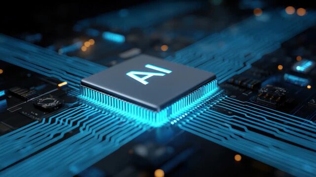AI Circuitry: Intricate detail of a central processing unit (CPU) featuring the letters AI, suggesting the integration of artificial intelligence within the realm of technology.