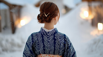 女性がはにかむ矢絣浴衣と雪明かり