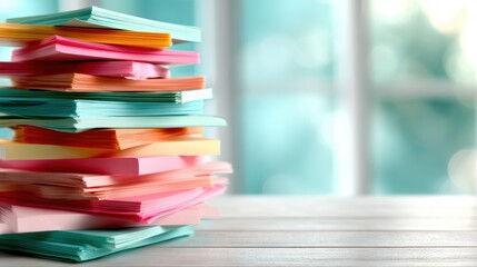 A vibrant collection of colorful paper notes stacked on a wooden surface, creating a visually appealing scene that represents organization and creativity in everyday life.