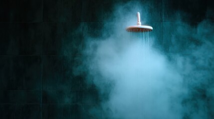 A captivating showerhead pouring water over swirling steam, creating a serene and intimate atmosphere ideal for relaxation and self-care moments in modern bathrooms.
