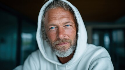 A striking close-up portrait captures a mature man with a beard and a hoodie, highlighting his expression of wisdom and kindness in a contemporary, relaxed setting.