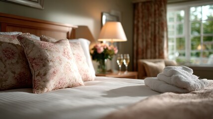 This inviting hotel room features plush bedding, decorative pillows, and soft lighting, creating a serene retreat perfect for relaxation and comfort.