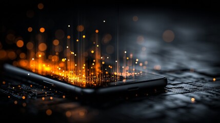 Dynamic digital data stream flowing from sleek smartphone screen illuminating dark tech background with vibrant orange energy
