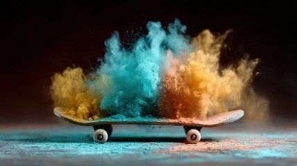 This dynamic image captures a skateboard surrounded by a burst of vibrant colored powder, representing youthful energy and creativity in an artistic way.