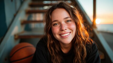 A cheerful young woman with curly hair smiles warmly at the camera while sitting near a basketball, capturing the essence of youthful joy and sportsmanship during sunset.