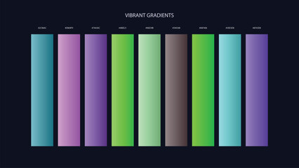 Obraz premium Vibrant Gradient Color Palette Swatches with HEX Codes for UI and Branding on Dark Background