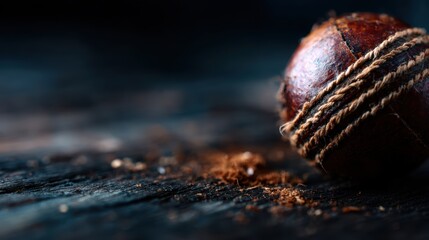 A close-up view of an aged cricket ball lying on a dark wooden surface, showcasing its texture and wear, telling a story of sportsmanship and enduring spirit of the game.