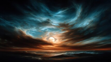 Obraz premium A breathtaking view of a sunset with turbulent clouds reflecting vibrant colors over the ocean, creating a mesmerizing blend of light and shadow in the sky.