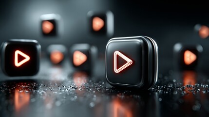 Experience dynamic digital content with glowing play buttons, symbolizing media playback and interactive engagement in a modern, sleek interface.