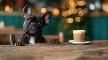 A charming French Bulldog sits at a café table, curiously looking at a cup of coffee, capturing the warm, inviting atmosphere of a cozy coffee shop during the festive season.