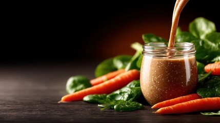 A glass jar filled with a nutritious smoothie stands prominently amidst fresh spinach and carrots, reflecting a commitment to healthy living and wellness.