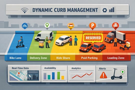 Dynamic curb management system illustrating innovative urban transport solutions including bike lanes delivery zones and paid parking visualized with real time data analytics and performance