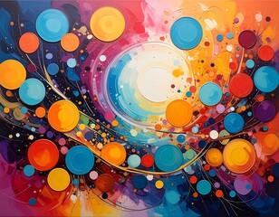 Whimsical abstract artwork featuring colorful floating circular forms