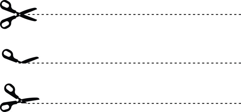 Set of scissors with black cut lines. scissor cutting paper with dotted line isolated on white background. Vector and illustration of scissors.