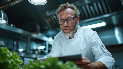 A dedicated chef in a modern kitchen intensely studies a tablet, showcasing the intersection of technology and culinary craftsmanship in today's professional cooking landscapes.