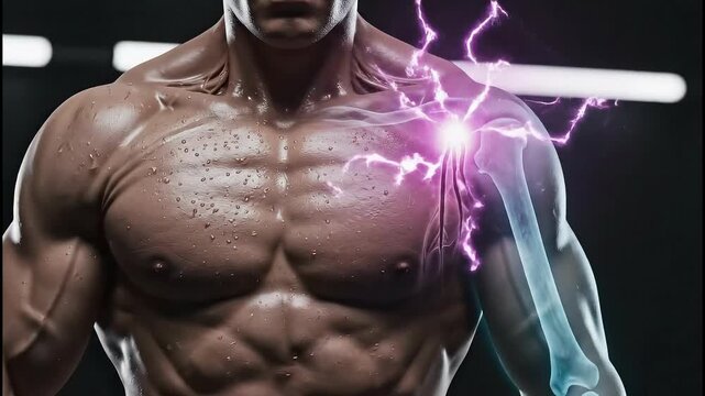 High-contrast conceptual composite of a muscular man experiencing acute shoulder pain, featuring a glowing purple x-ray visualization of the injured bone in a dark studio.