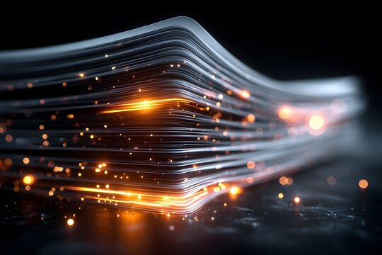 Stack of digital papers transforming into light data with glowing edges on a futuristic office desk representing business digitization.