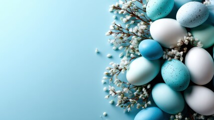 A collection of beautifully designed Easter eggs arranged aesthetically on a soft blue background, symbolizing springtime joy and festive celebration.