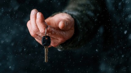 A close-up of a hand reaching out with a key amidst falling snow, portraying themes of opportunity, trust, and a transformative moment in a serene winter setting.