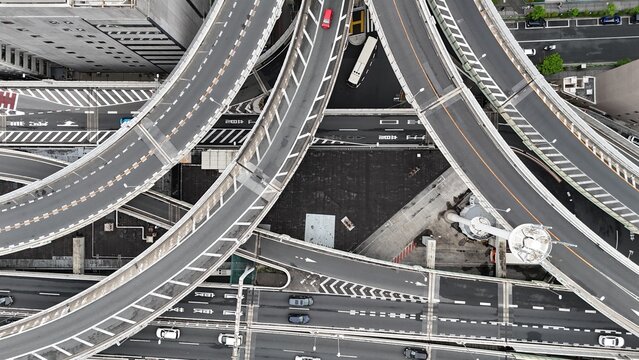 Vertical top-down aerial view of Hakozaki Junction highway interchange in Tokyo