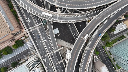 Vertical top-down aerial view of Hakozaki Junction highway interchange in Tokyo © Aleksandr Degtiarev