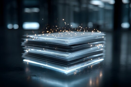 Stack of digital papers transforming into light data with glowing edges on a futuristic office desk representing business digitization.