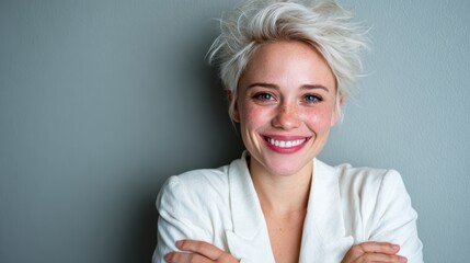 A smiling woman with short hair poses confidently, radiating positivity and happiness. Her bright smile and stylish outfit convey a sense of joy and self-expression.
