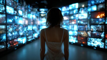 Woman lost in a mesmerizing digital world surrounded by a vibrant, overwhelming tapestry of glowing screens and data streams