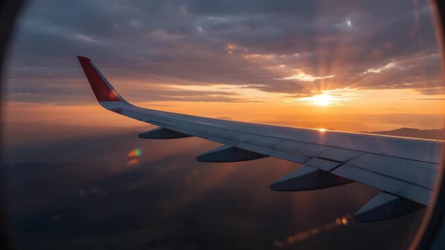 Stunning airplane wing view from window during a glorious sunset above the clouds with gol