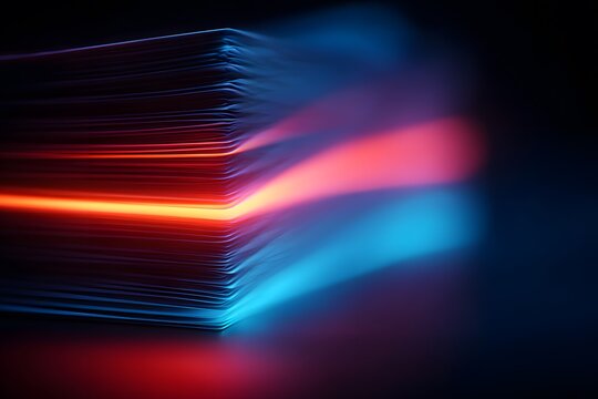 Abstract technology background showing stacks of digital documents with glowing neon red and blue edges representing data processing.