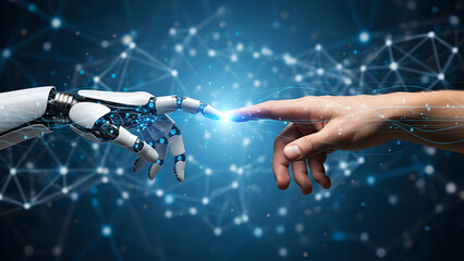 Human Hand and Robotic AI Hand Touching with Digital Connection Network Background Technology Concept